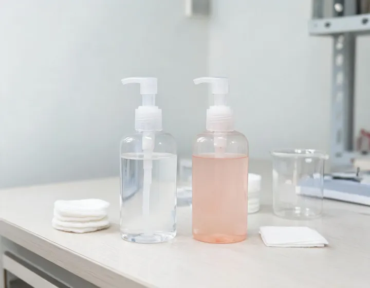 micellar water vs toner on a cosmetics bench, illustration only